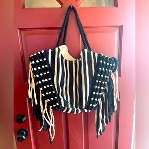 NWT heavy duty black striped canvas bag. 3 pockets. Super trendy